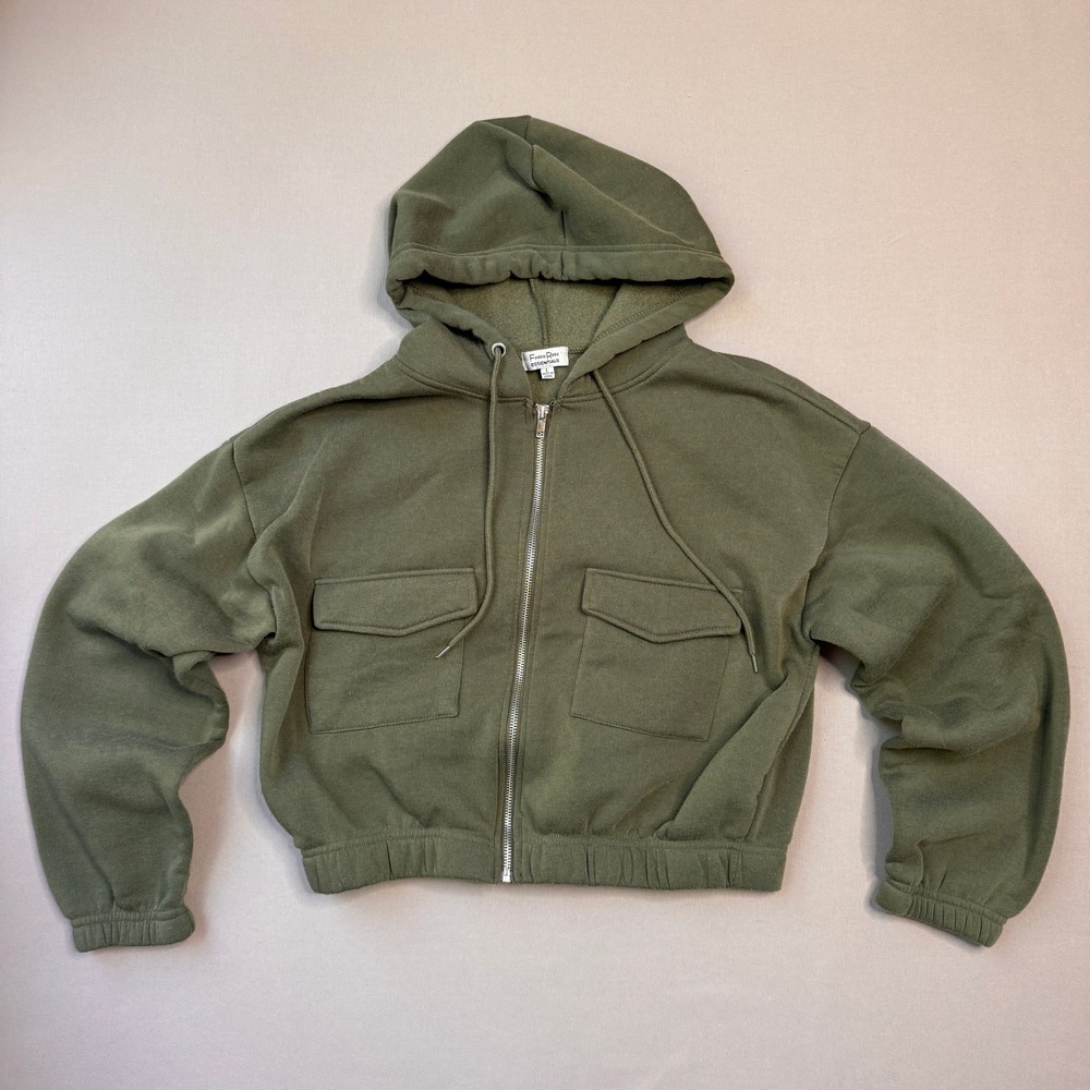 Faded Rose Essentials Women Olive Green Cropped Zip Up Hoodie Large Pockets